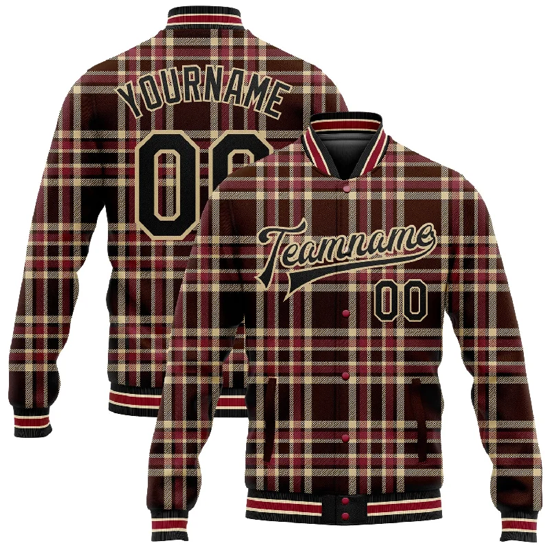 Fashion-Forward Gender-Neutral Outerwear Sale Event, Prices Rock Custom Brown Black Vegas Gold City Cream-Crimson Classic Western Plaid 3D Pattern Design Bomber Full-Snap Varsity Letterman Jacket