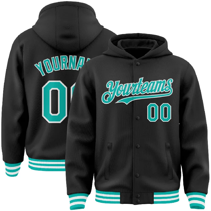 Fashion-Forward Unisex Apparel Limited Stock, Big Discounts Custom Black Aqua-White Bomber Full-Snap Varsity Letterman Hoodie Jacket