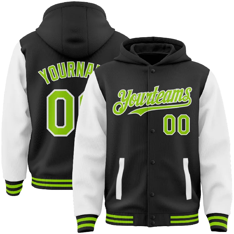 Sustainable And Ethical Unisex Clothing Catch Every Fashion Trend Custom Black Neon Green-White Bomber Full-Snap Varsity Letterman Two Tone Hoodie Jacket