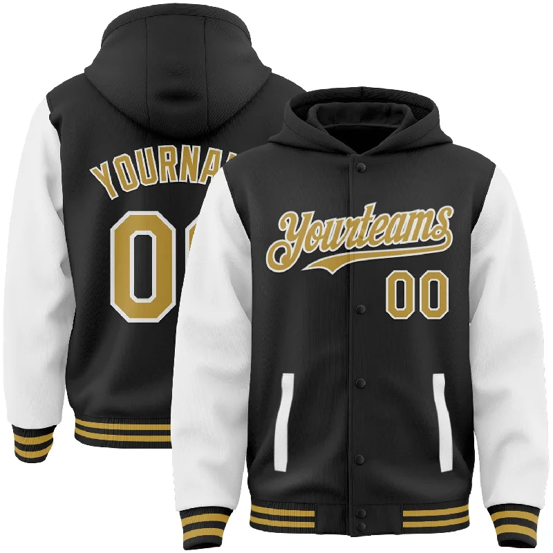 Casual And Trendy Unisex Fashion Staples Timeless Elegance Redefined Custom Black Old Gold-White Bomber Full-Snap Varsity Letterman Two Tone Hoodie Jacket