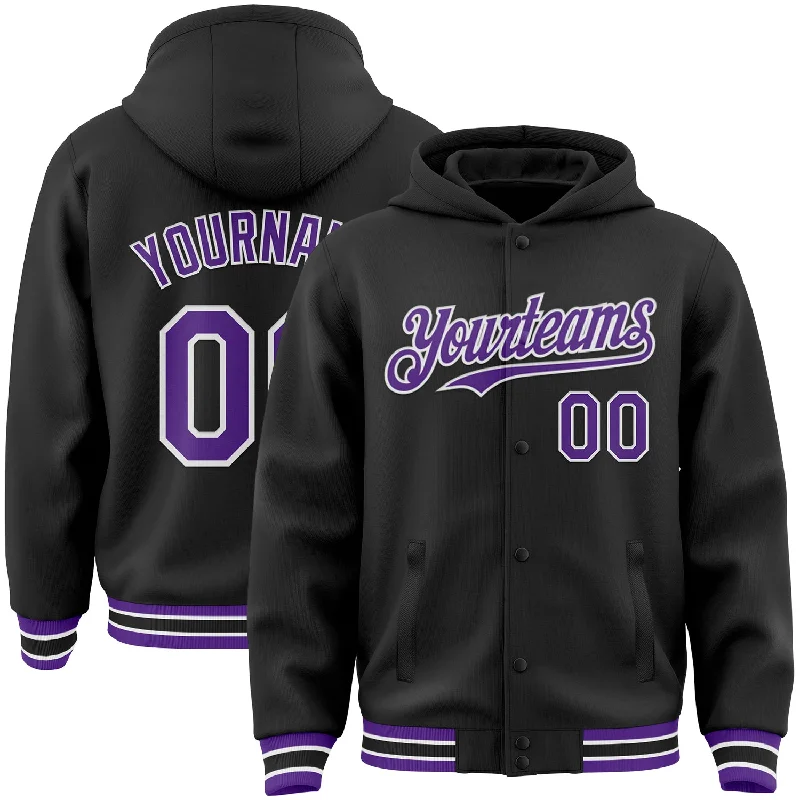 Versatile Clothing For All Genders Hurry Before It'S Gone Custom Black Purple-White Bomber Full-Snap Varsity Letterman Hoodie Jacket