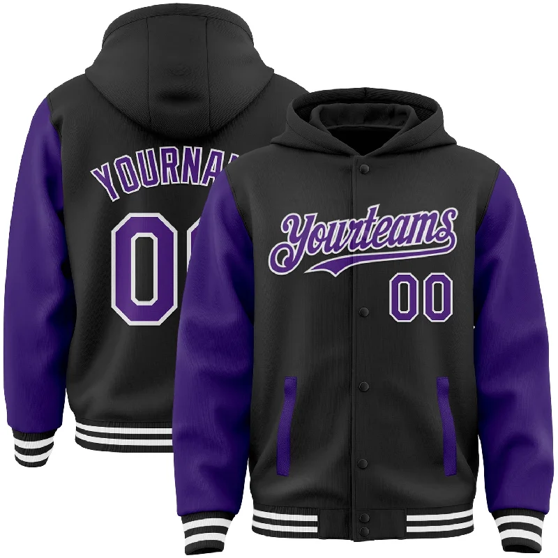 Chic And Casual Unisex Fashion Trends Unleash Your Trend Driven Style Custom Black Purple-White Bomber Full-Snap Varsity Letterman Two Tone Hoodie Jacket