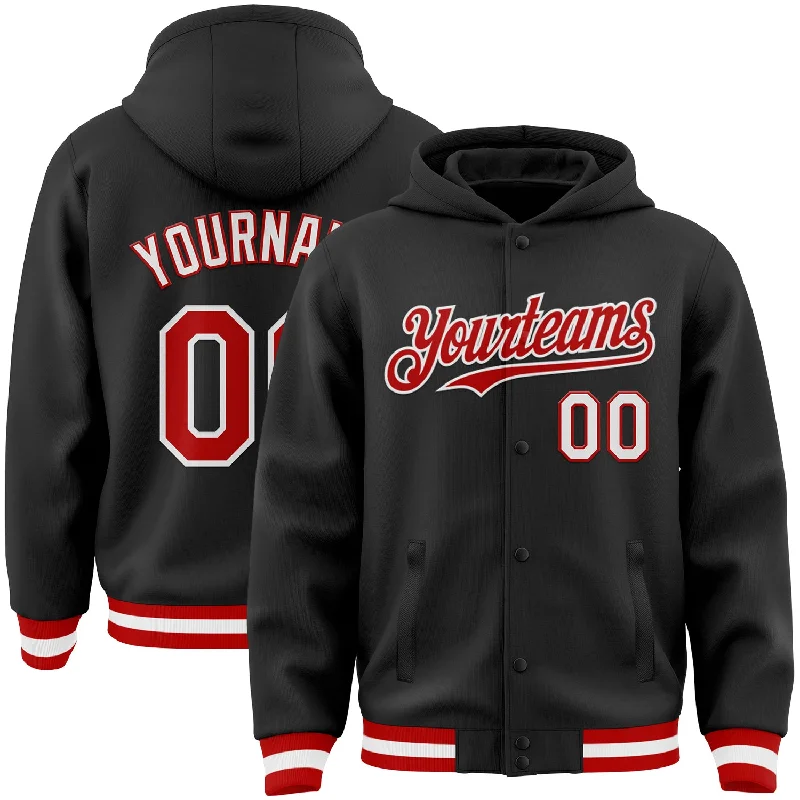 Bold And Trendy Gender-Neutral Outfits Luxe Style Discounts Custom Black Red-White Bomber Full-Snap Varsity Letterman Hoodie Jacket