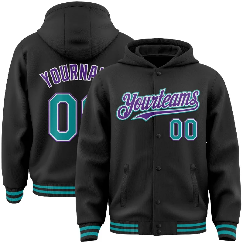 Breathable And Lightweight Unisex Wear Clearance Event Custom Black Teal-Purple Bomber Full-Snap Varsity Letterman Hoodie Jacket