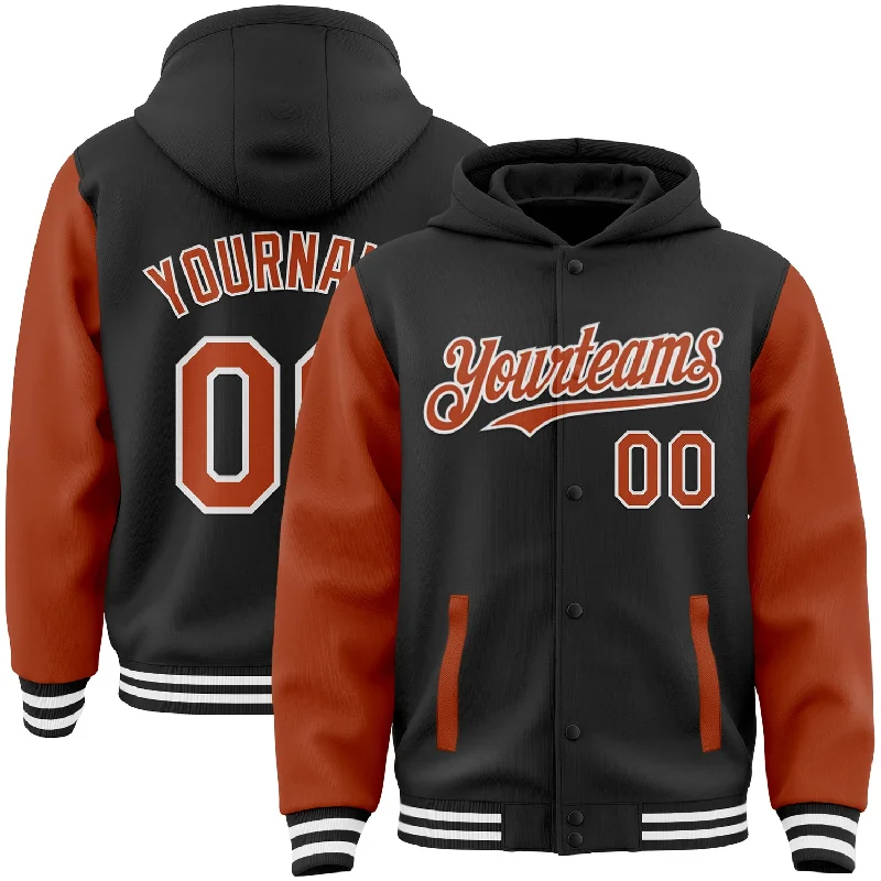 Comfortable Unisex Streetwear Comfortable Chic Custom Black Texas Orange-White Bomber Full-Snap Varsity Letterman Two Tone Hoodie Jacket