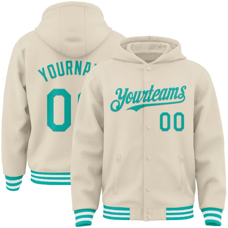 Versatile And Stylish Unisex Apparel Browse Our Top Products Custom Cream Aqua-White Bomber Full-Snap Varsity Letterman Hoodie Jacket