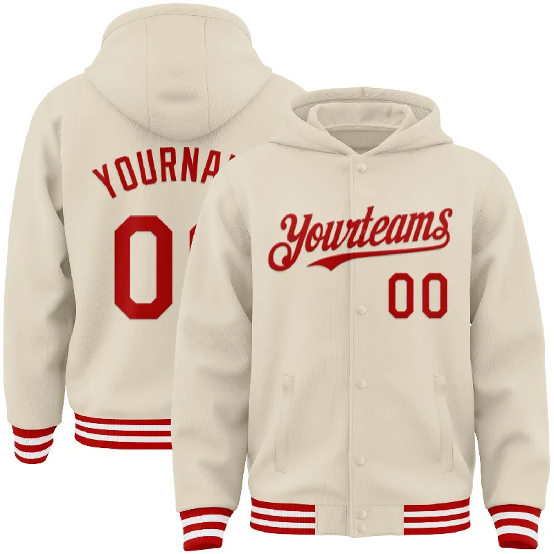 Trendy Unisex Chic Styles Custom Cream Red-White Bomber Full-Snap Varsity Letterman Hoodie Jacket