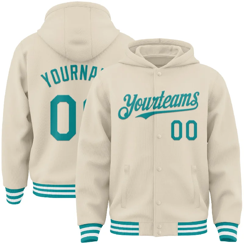 High-Quality Unisex Basics For All Occasions Crazy Price Slashing Custom Cream Teal-White Bomber Full-Snap Varsity Letterman Hoodie Jacket