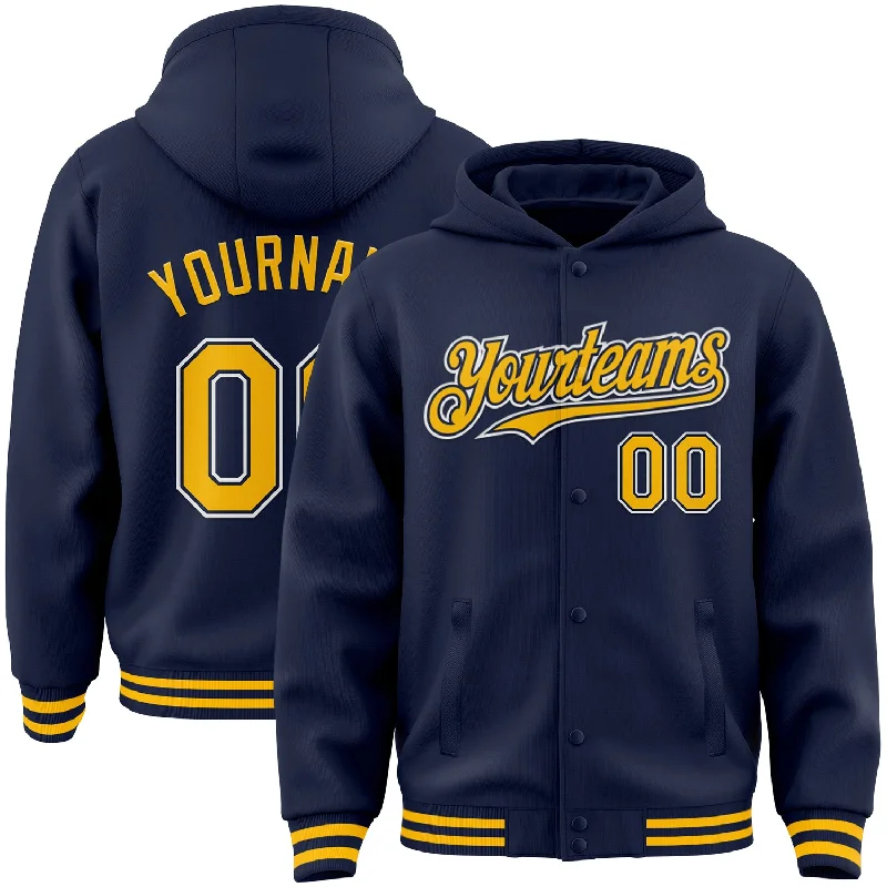 Unisex Everyday Fashion Essentials Top Deals Custom Navy Gold-White Bomber Full-Snap Varsity Letterman Hoodie Jacket