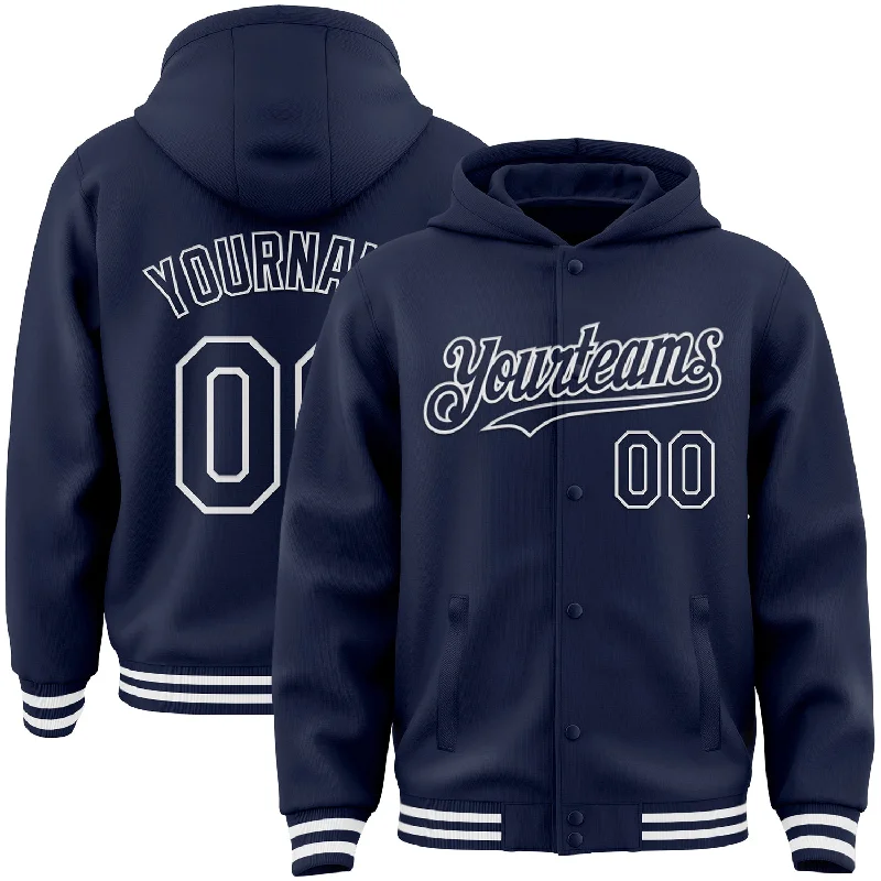 Oversized Unisex Fashion Pieces Unbeatable Deals Custom Navy White Bomber Full-Snap Varsity Letterman Hoodie Jacket