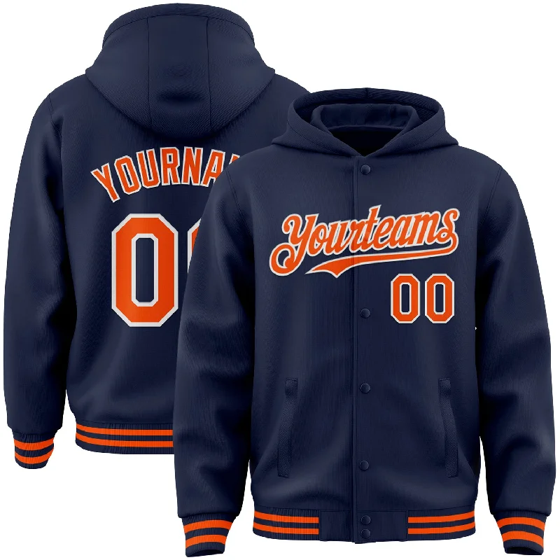 Chic And Casual Unisex Fashion Trends Summer Deals Custom Navy Orange-White Bomber Full-Snap Varsity Letterman Hoodie Jacket