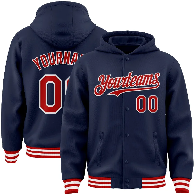 Oversized Unisex Apparel For Effortless Style Stupidly Low Prices Custom Navy Red-White Bomber Full-Snap Varsity Letterman Hoodie Jacket