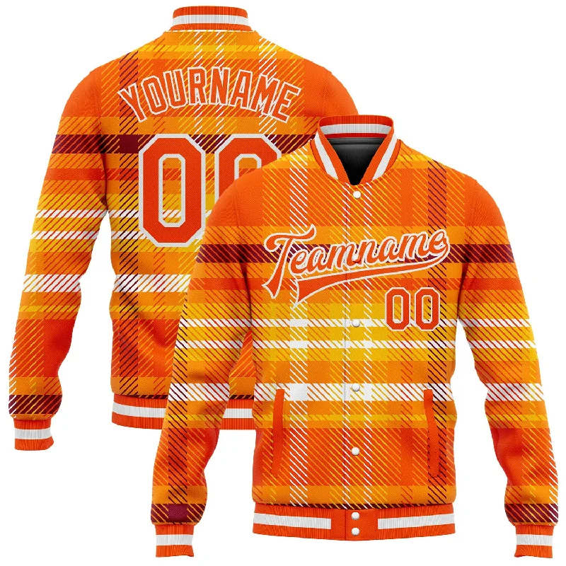 Urban-Inspired Unisex Fashion Pieces Fashion Sale Custom Orange White Check Board 3D Pattern Design Bomber Full-Snap Varsity Letterman Jacket