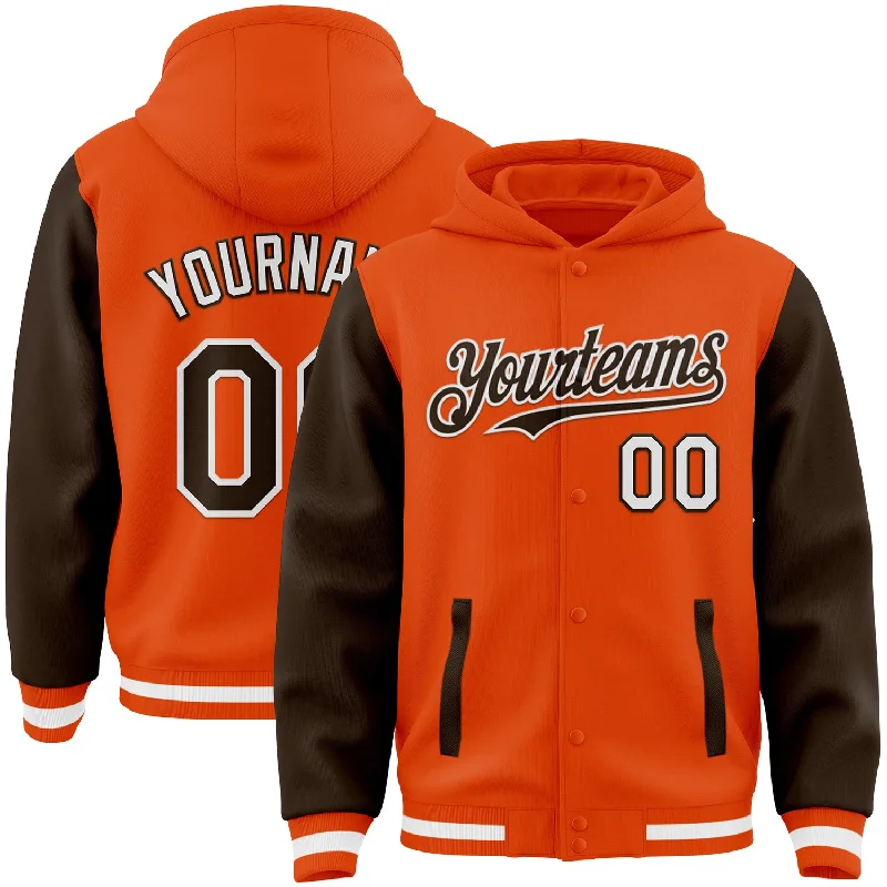 Urban-Inspired Unisex Fashion Pieces Summer Deals Custom Orange Brown-White Bomber Full-Snap Varsity Letterman Two Tone Hoodie Jacket