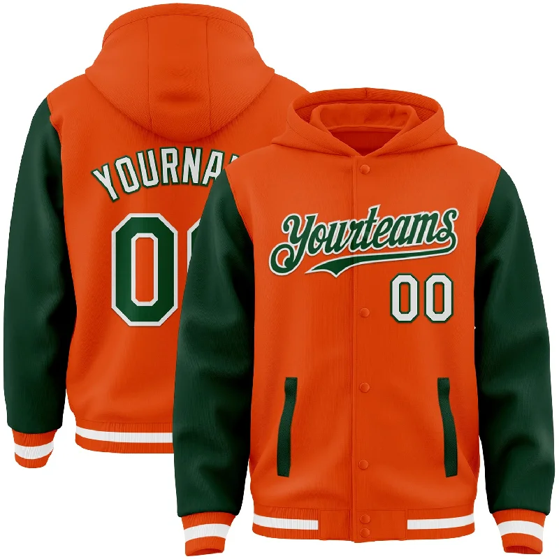 Fashion-Forward Gender-Neutral Outerwear Latest Trends Custom Orange Green-White Bomber Full-Snap Varsity Letterman Two Tone Hoodie Jacket