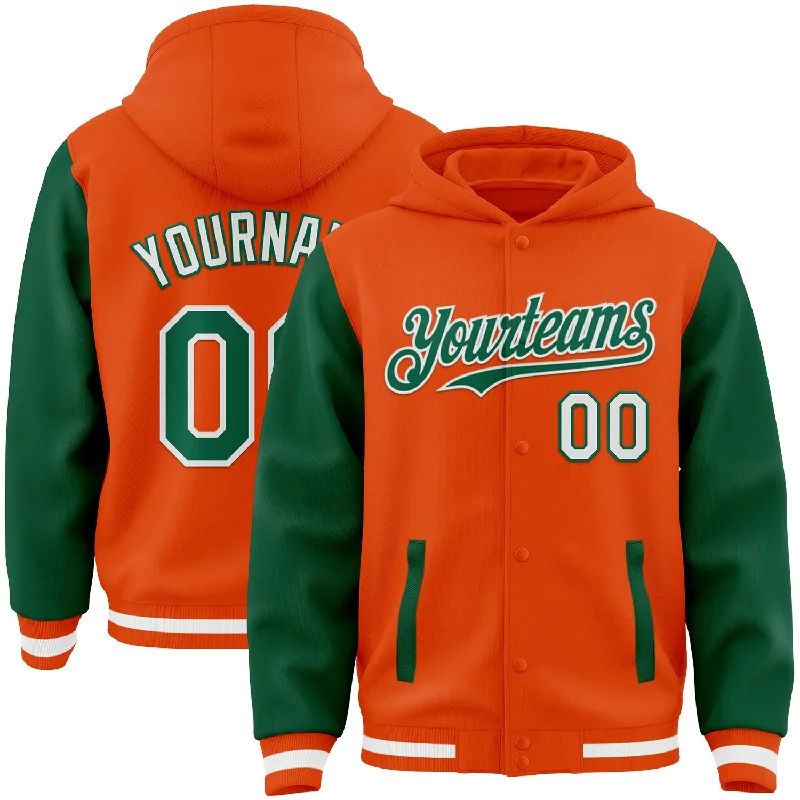 High-Quality Unisex Basics For All Occasions Chic Style, Always In Vogue Custom Orange Kelly Green-White Bomber Full-Snap Varsity Letterman Two Tone Hoodie Jacket