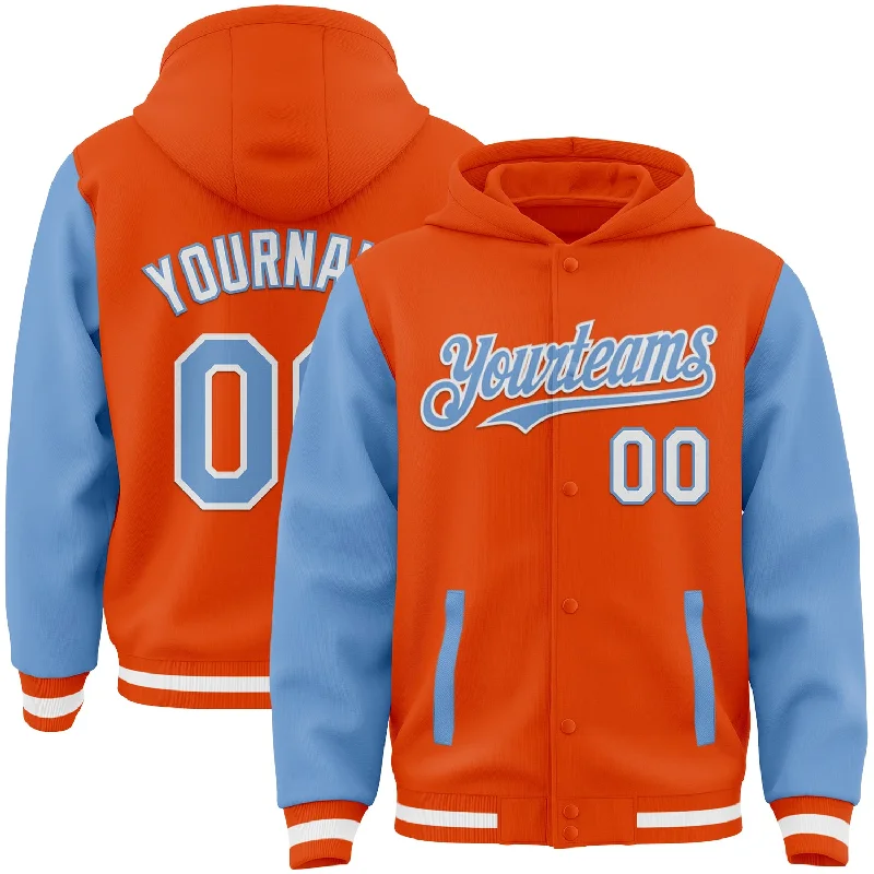 Urban Unisex Fashion Outfits Trend Leading Collection Custom Orange Light Blue-White Bomber Full-Snap Varsity Letterman Two Tone Hoodie Jacket