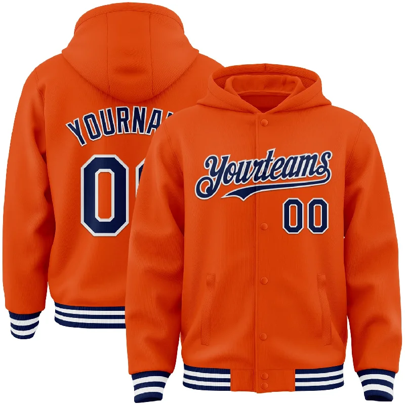 Sustainable Gender-Neutral Apparel Urban Elegance Deals Custom Orange Navy-White Bomber Full-Snap Varsity Letterman Hoodie Jacket