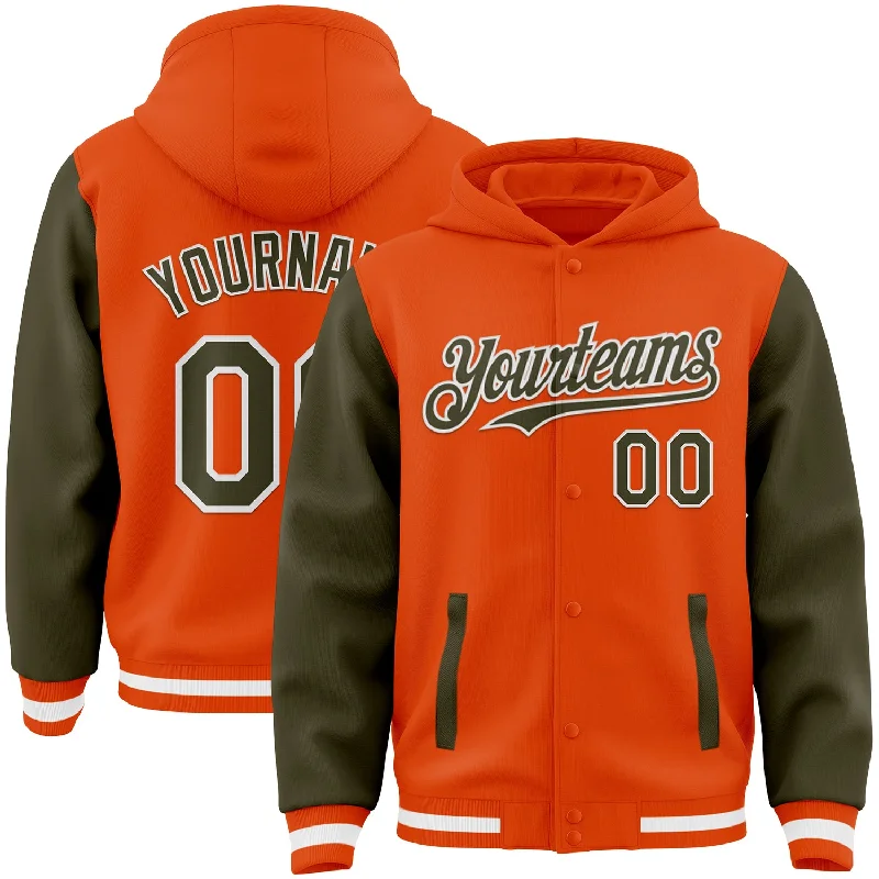 Unisex Casual Fashion Trends Chic Trend Collection Custom Orange Olive-White Bomber Full-Snap Varsity Letterman Two Tone Hoodie Jacket