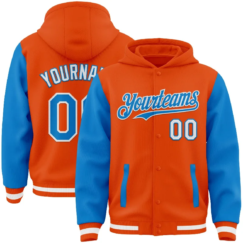 Minimalist Unisex Fashion Must-Haves Fall Sale, Prices Drop Custom Orange Powder Blue-White Bomber Full-Snap Varsity Letterman Two Tone Hoodie Jacket