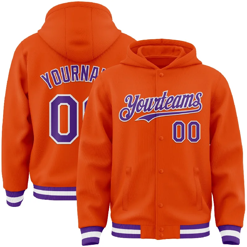 Chic And Casual Unisex Fashion Trends Summer Fashion Custom Orange Purple-White Bomber Full-Snap Varsity Letterman Hoodie Jacket