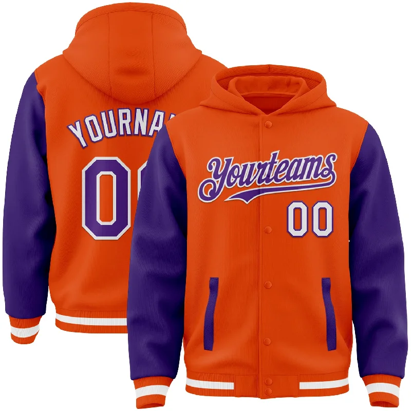 Bold And Trendy Gender-Neutral Outfits Gift Ideas Custom Orange Purple-White Bomber Full-Snap Varsity Letterman Two Tone Hoodie Jacket