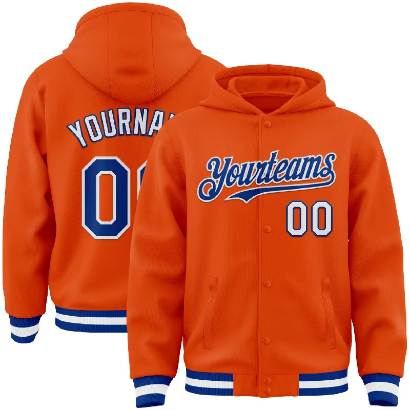 Contemporary Gender-Free Clothing Styles Romantic Chic Deals Custom Orange Royal-White Bomber Full-Snap Varsity Letterman Hoodie Jacket