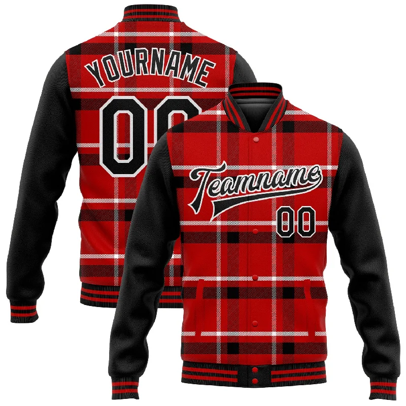 Casual Yet Sophisticated Unisex Fashion Winter Warehouse Sale Custom Red Black-White Classic Western Plaid 3D Pattern Design Bomber Full-Snap Varsity Letterman Jacket