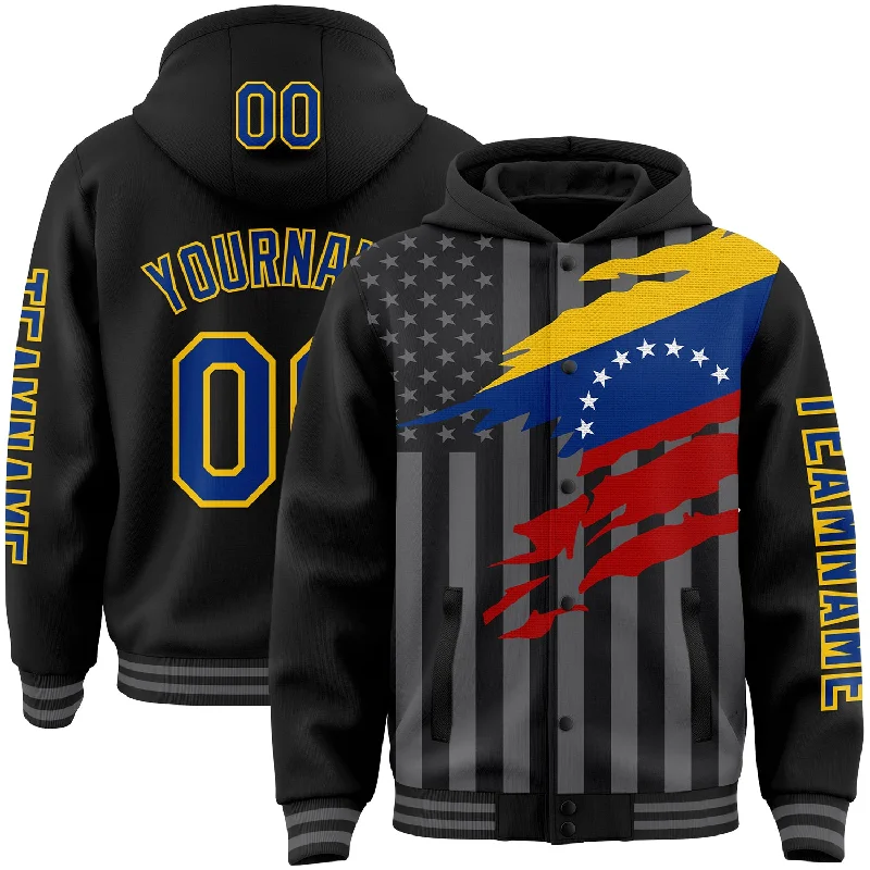 Comfortable Gender-Free Fashion Choices Clearance Sale, All Cheap Custom Black Royal Yellow-Gray Venezuela Venezuelan Flag 3D Bomber Full-Snap Varsity Letterman Hoodie Jacket