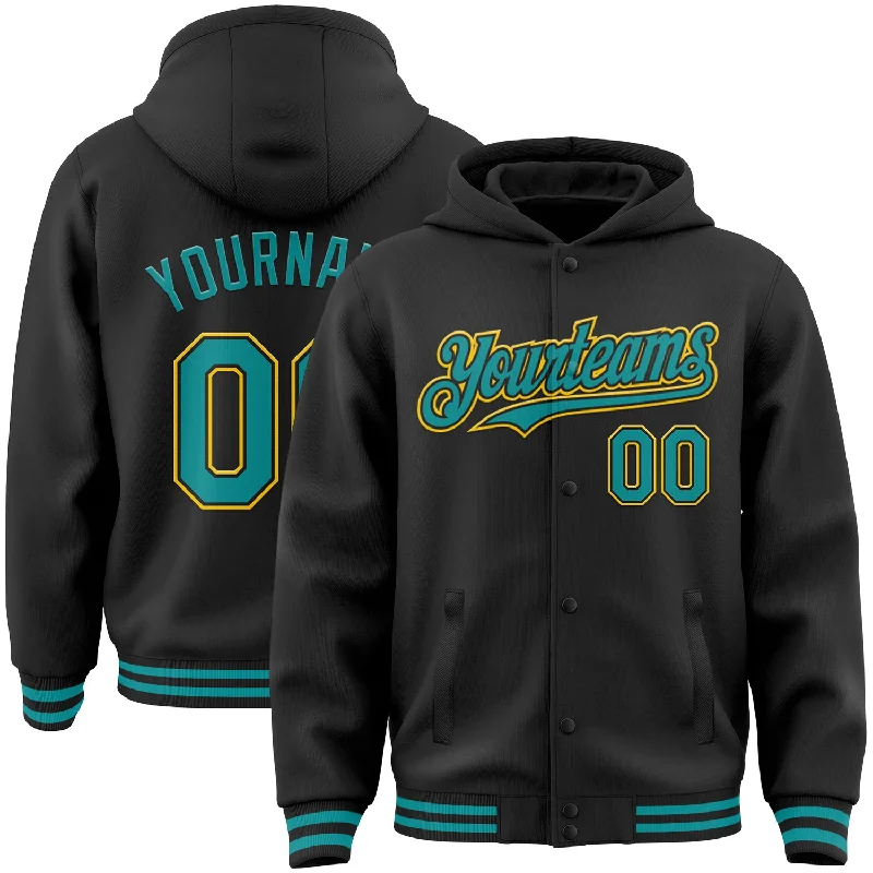 Comfortable Gender-Free Fashion Choices Fashionista Favorites Custom Black Teal-Yellow Bomber Full-Snap Varsity Letterman Hoodie Jacket